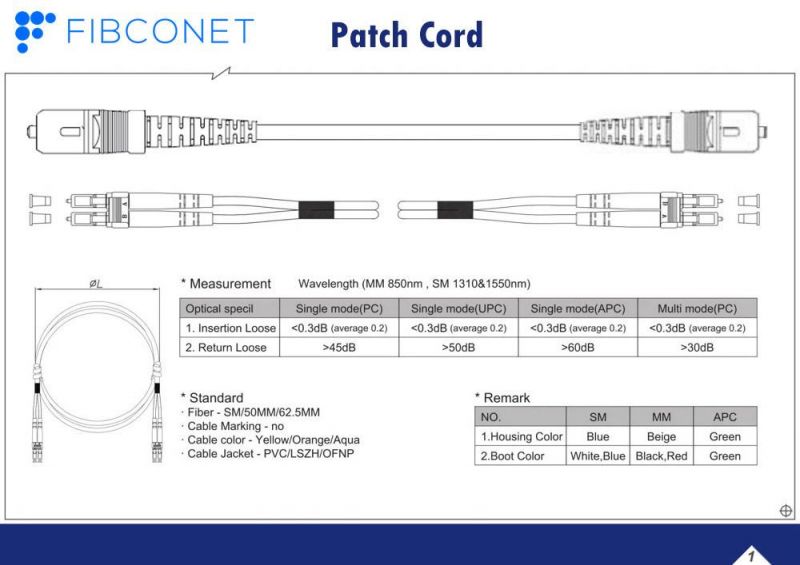 FTTH Single Mode 9/125 Simplex Sc/Upc Sc/Upc PVC LSZH Fiber Optic Patch Cord/Fiber Jumper/Patchcord