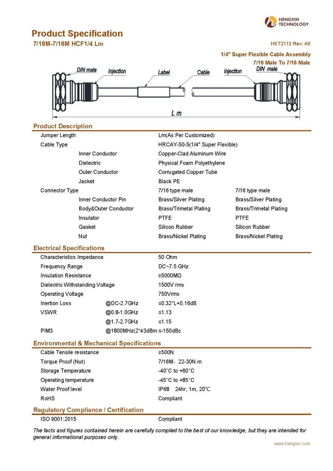 RF Coaxial Jumper Cable Assembly with 1/4" Super Flexible RF Cable 7/16 Male to 7/16 Male