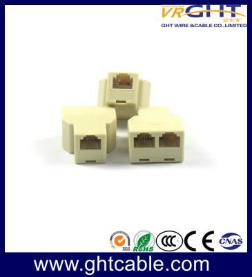 Beige Plastic 3way Adaptor/6p 4c Telephone Line Splitter