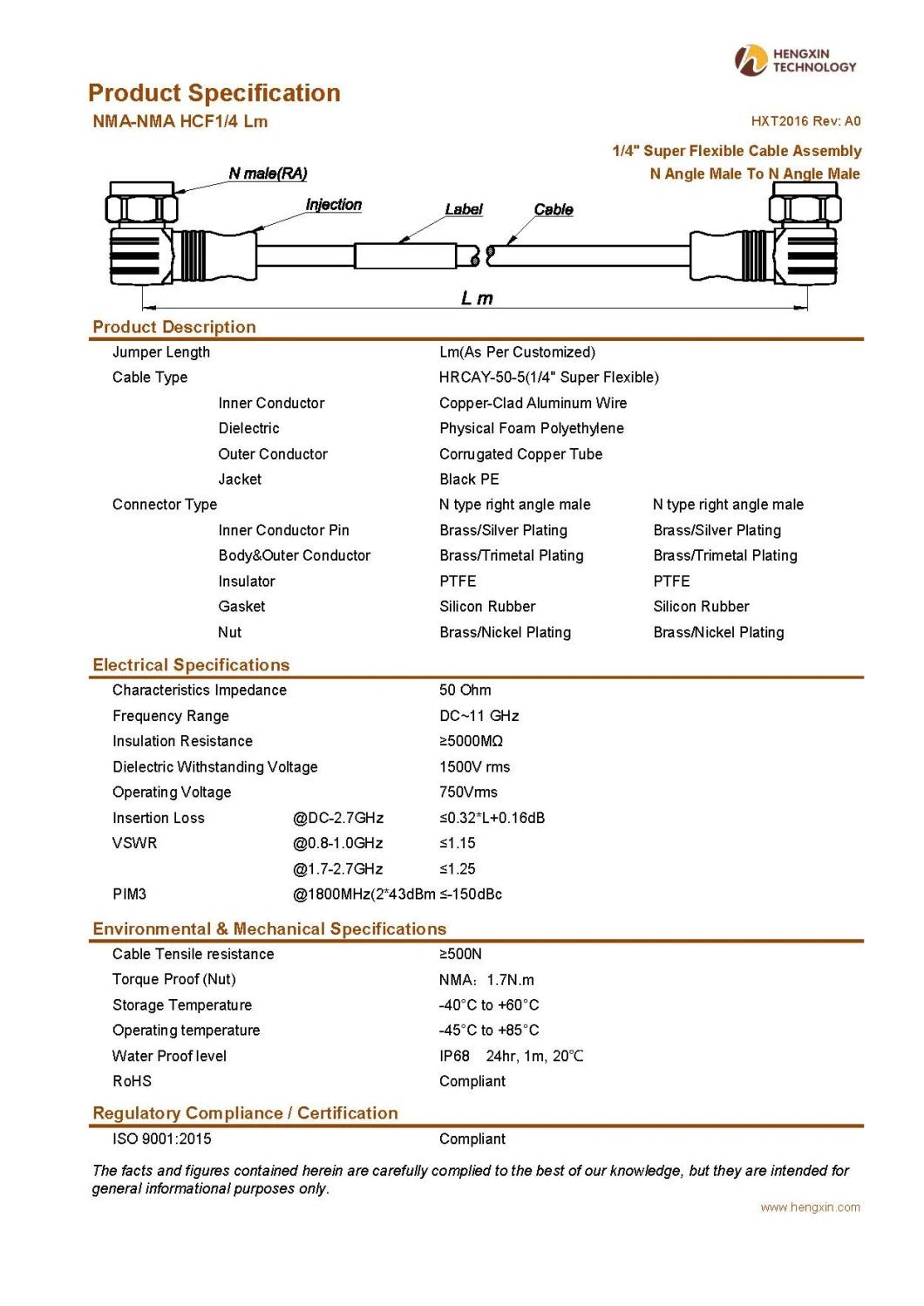 RF Coaxial Jumper Cable Assembly with 1/2" Super Flexible RF Cable N Angle Male to N Angle Male
