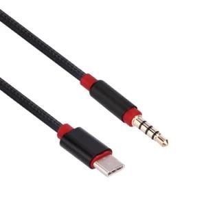 1m Black Stereo 3.5mm 4 Pole Male to Type C Male Nylon Aux Cable