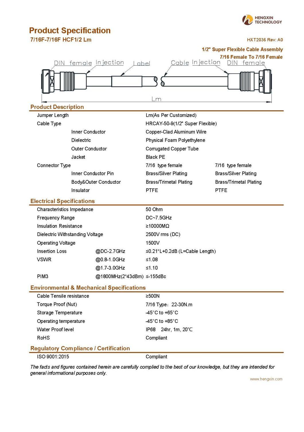 RF Coaxial Jumper Cable Assembly with 1/2" Super Flexible RF Cable 7/16 Female to 7/16 Female