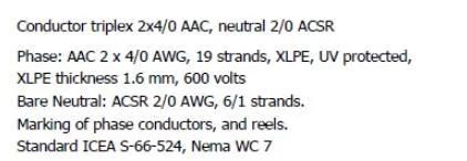 Conductor Triplex Cable 4X2/0 AWG AAC Netutral 2/0 ACSR