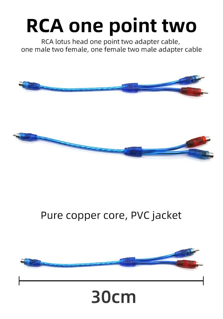 Blue Automotive Amplifier Audio RCA Cable Wire Hot One Female Two Male Signal Audio Cable for Car