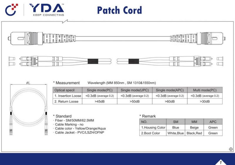 FTTH Single Mode 9/125 Simplex LC/APC - FC/Upc PVC LSZH Fiber Optic Patch Cord