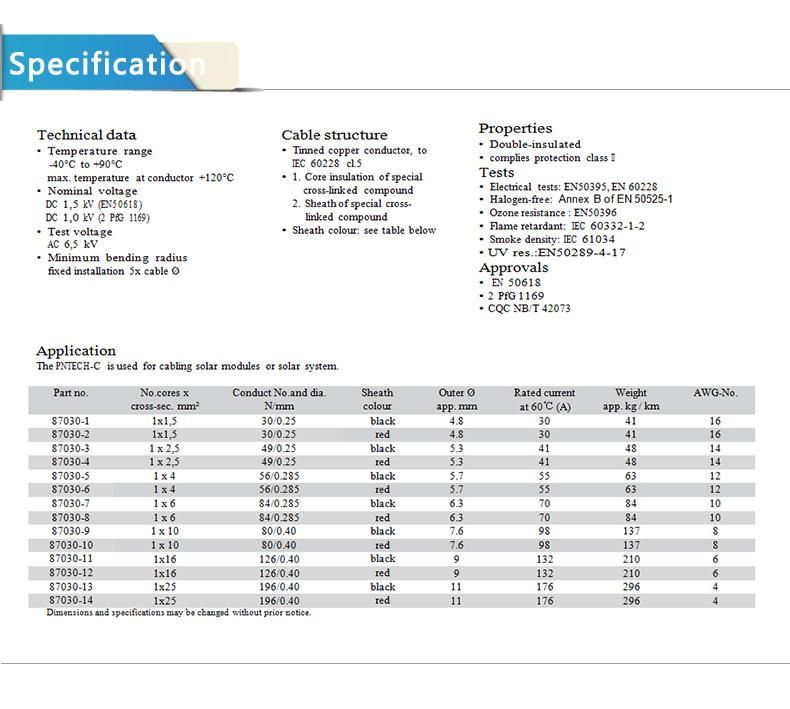 China Manufacture High Quality Solar Cable 6 mm Water Proof
