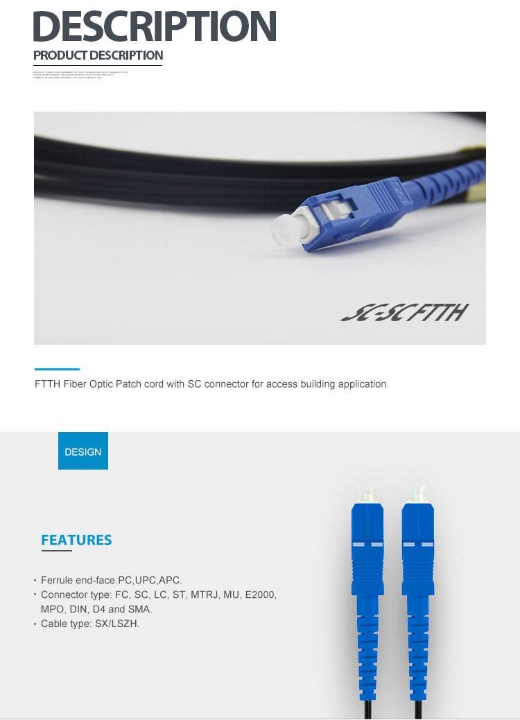 Upc/APC Sc/LC/FC/St/Mu/MTRJ/E2000 Simplex/Duplex 62.5/125 Singlemode Multimode Om1/Om2/Om3/Om4/Om5 2.0/3.0mm, 3meters Fiber Optic Patch Cord