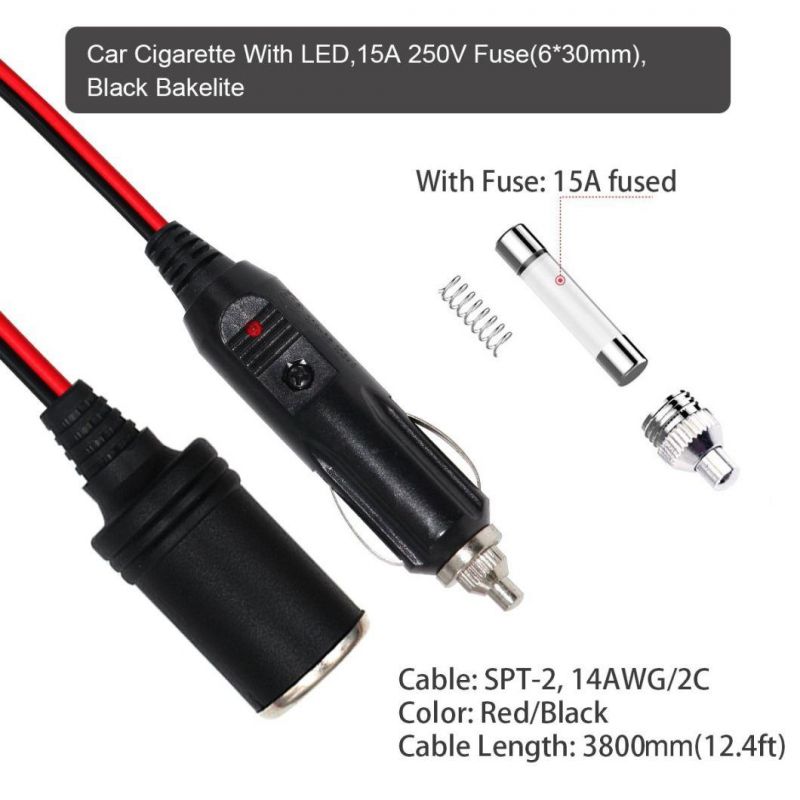 12-24V Car Charge Cigarette Lighter Extension Cable Male to Female Socket, 14AWG Heavy Duty Cigarette Lighter Cord with LED Light, Fuse