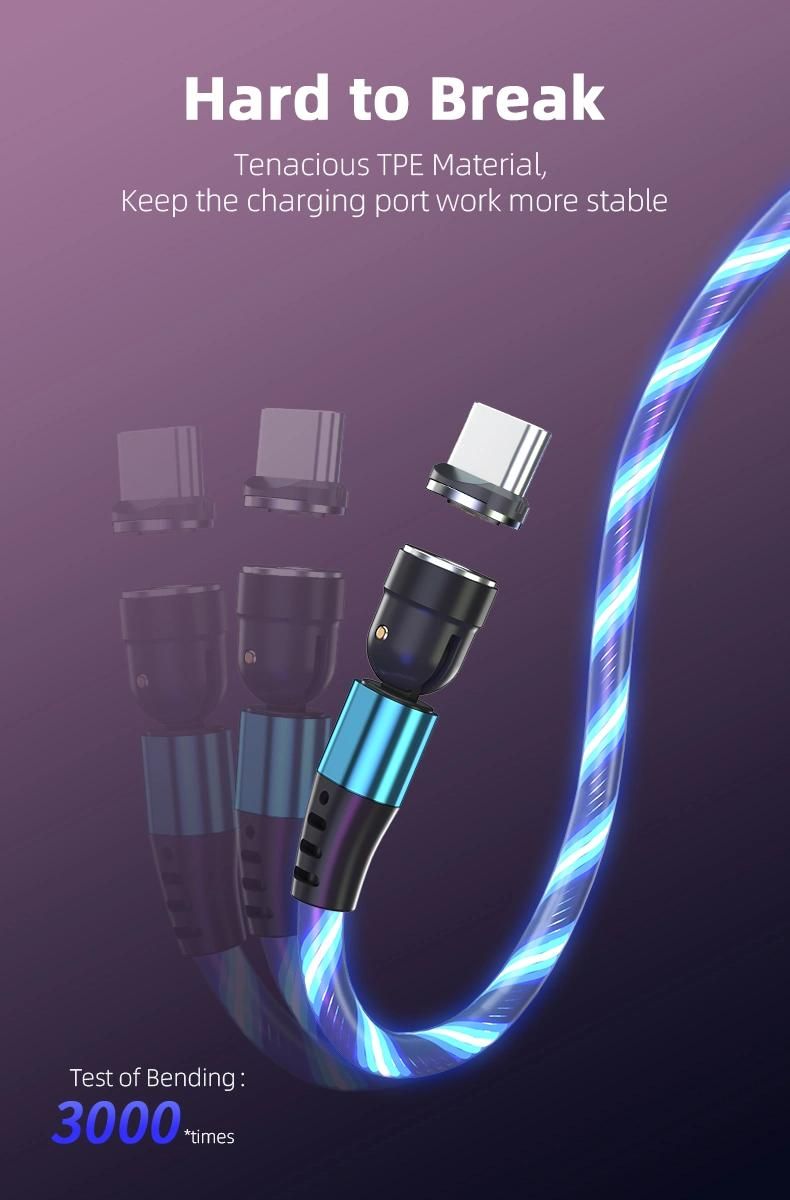 2020 New Trending LED Flowing Light Magnetic Charging Cable Cellphone Fast Charging Cord Micro USB Cable Charger Data Cable Line