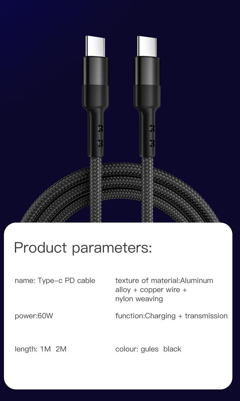 Best Selling Nylon Braided Type-C USB C to C Pd 18W Fast Charging Data Cable for Huawei Mate 10 Tablet Cables