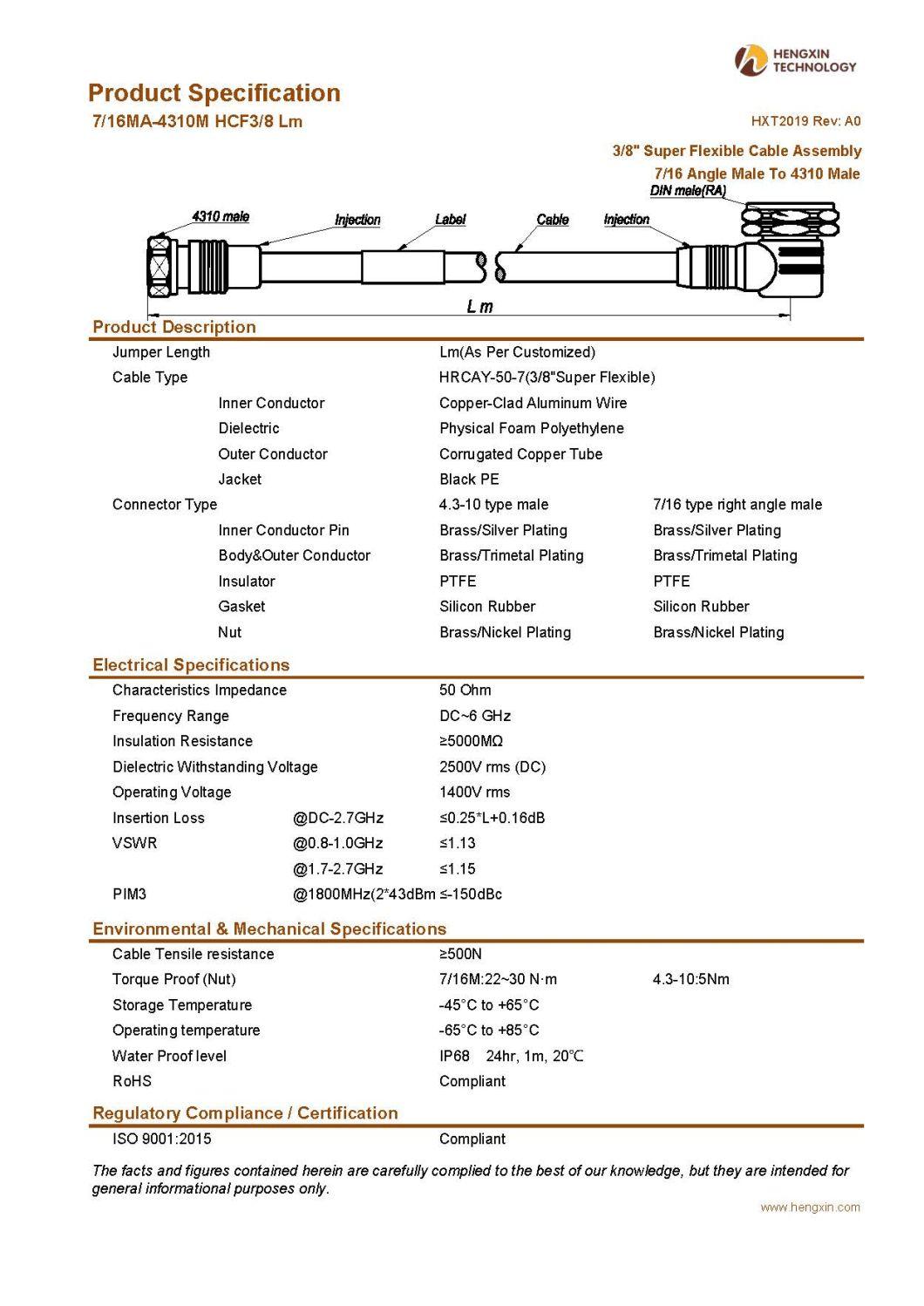 RF Coaxial Jumper Cable Assembly with 3/8" Super Flexible RF Cable 7/16 Angle Male to 4310 Male