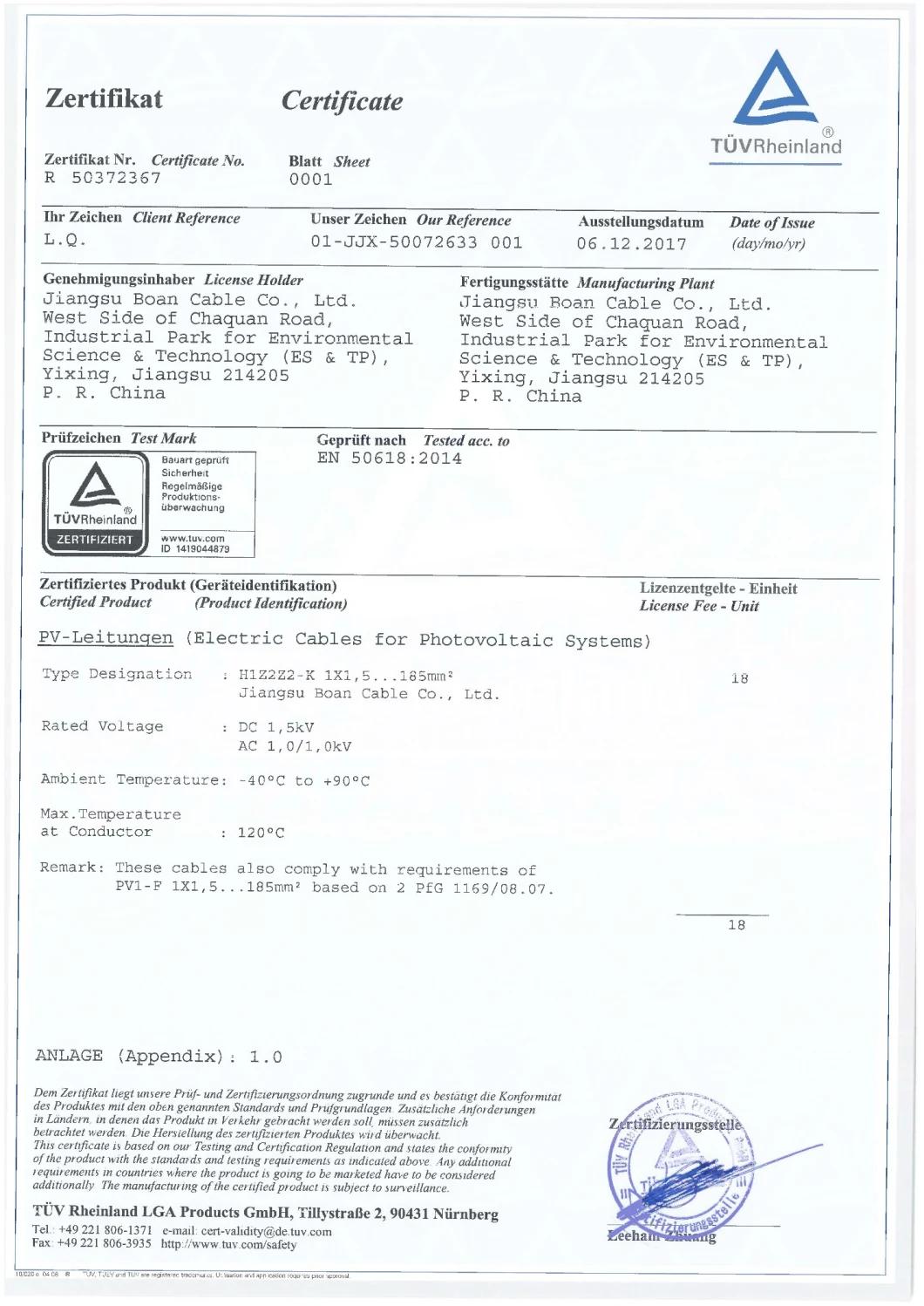 Zz-F/H1z2z2-K/PV1-F Photovoltaic Solar Cable, PV Cable, TUV 2 Pfg 1169/08.2007, 0.6/1kv