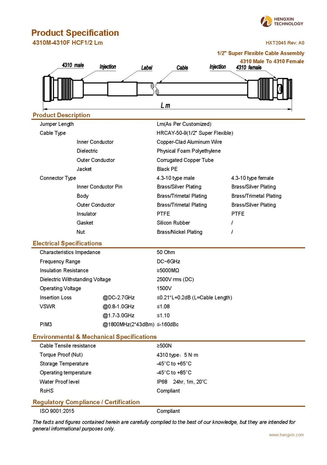 RF Coaxial Jumper Cable Assembly with 1/2" Super Flexible RF Cable 4310 Male to 4310 Female