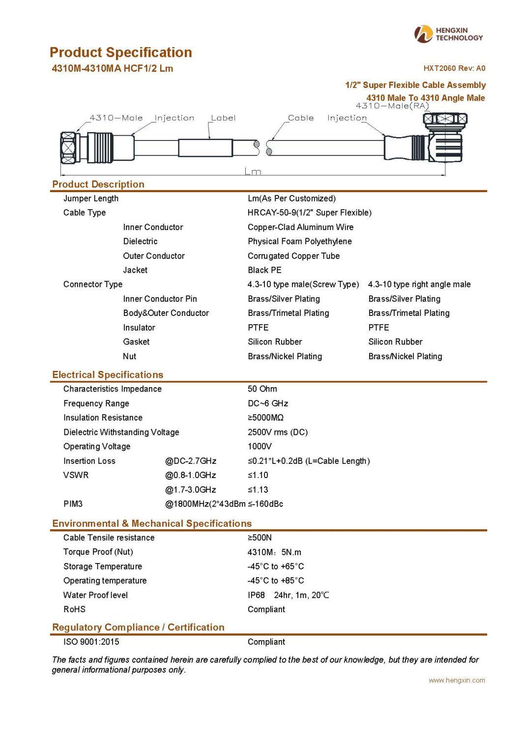 RF Coaxial Jumper Cable Assembly with 1/2" Super Flexible RF Cable 4310 Male to 4310 Angle Male