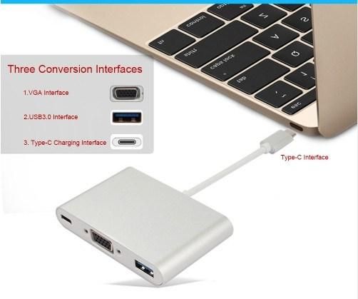 3 in 1 USB Type C Male to VGA Adapter +Female USB3.1 Type C + Female USB 3.0 Charging Port