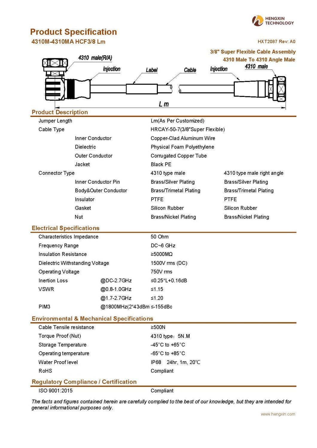 RF Coaxial Jumper Cable Assembly with 3/8" Super Flexible RF Cable 4310 Male to 4310 Angle Male