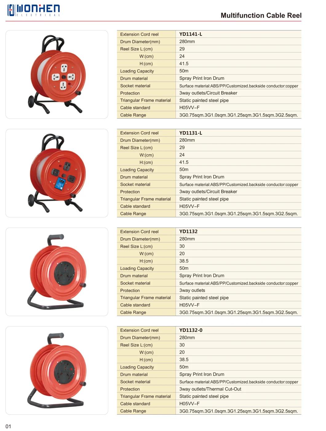 Cable Reel 4 Outlet Extension Cord Reel, 15m, 20m, 25m, 30m, 50m and Custom Length Italy Power Cord Imq Safety Approved