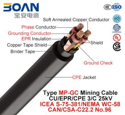 Type MP-Gc, Mining Cable, Cu/Epr/CPE, 3/C, 25kv (ICEA S-75-381/NEMA WC-58)