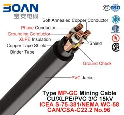 Type MP-Gc, Mining Cable, Cu/XLPE/PVC, 3/C, 15kv (ICEA S-75-381/NEMA WC-58)