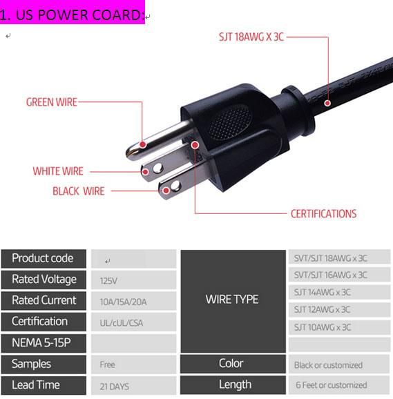 UL AC VDE Power Cord for Europe & North American