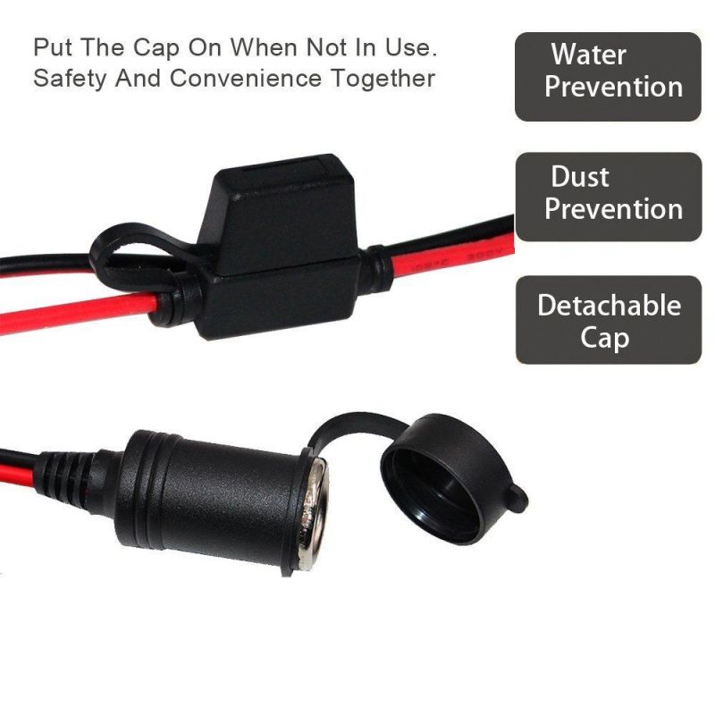 12V 3FT Car Cigarette Lighter O Ring Terminal Connector Harness Extension Charge Cable, Fused 10A