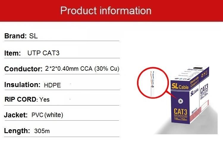 Low Price Telephone Cable Cat3 UTP 2cores SL Brand Sell at a Low Price CCA LAN Cable 3 PVC White