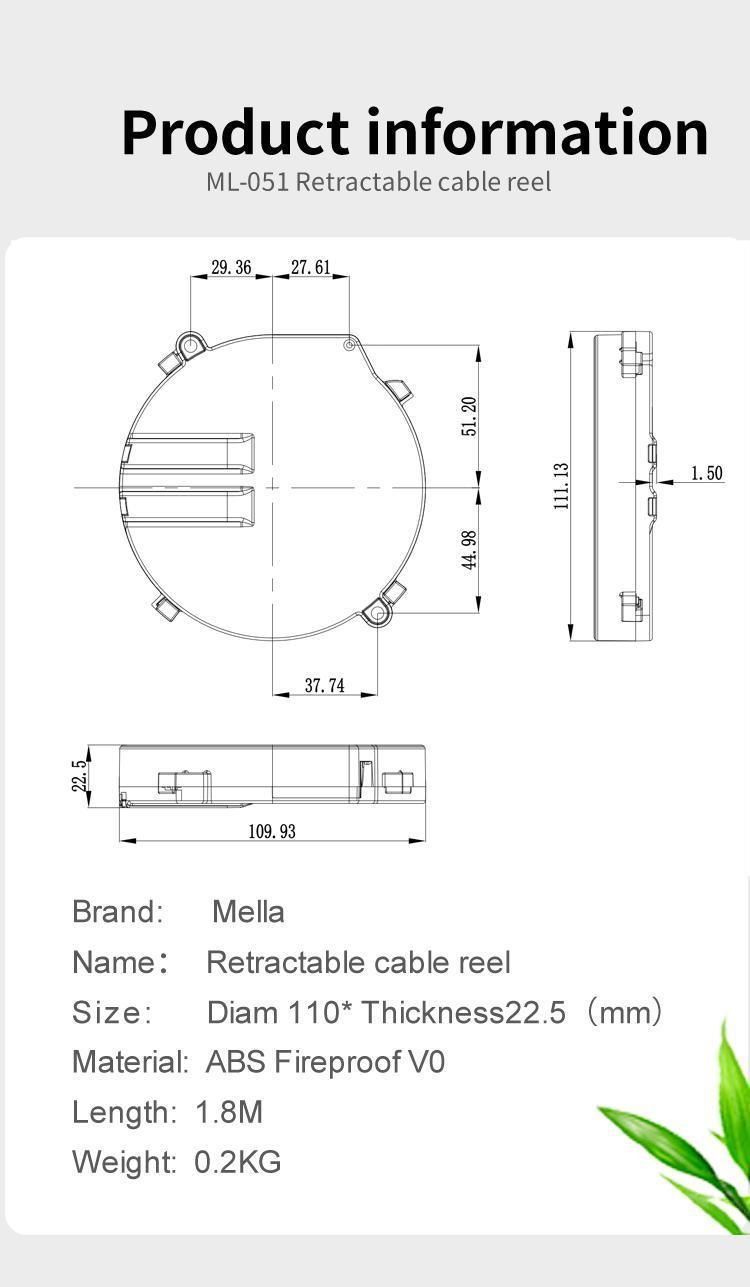 1m 2 Cores Retractable Small Cable Reel UK Plug for Home Application