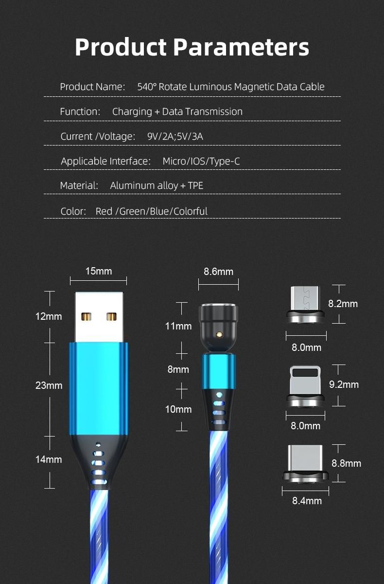 2020 New Trending LED Flowing Light Magnetic Charging Cable Cellphone Fast Charging Cord Micro USB Cable Charger Data Cable Line