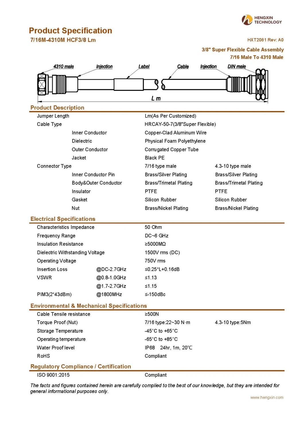 RF Coaxial Jumper Cable Assembly with 3/8" Super Flexible RF Cable 7/16 Male to 4310 Male
