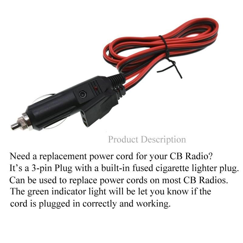 CB Power Cord Cable 2-Wire 15A 3-Pin Plug Fused Replacement with 12V Cigarette Lighter Plug for Ham Radio