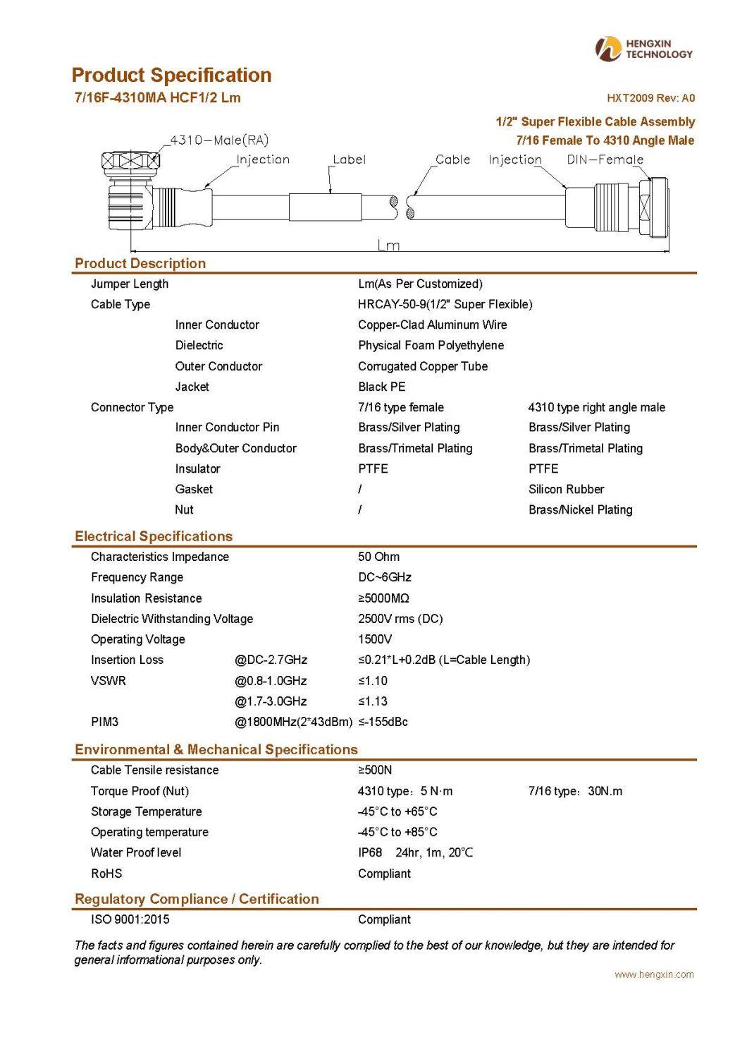 1/2" Super Flexible Cable Assembly 7/16 Female to 4310 Angle Male