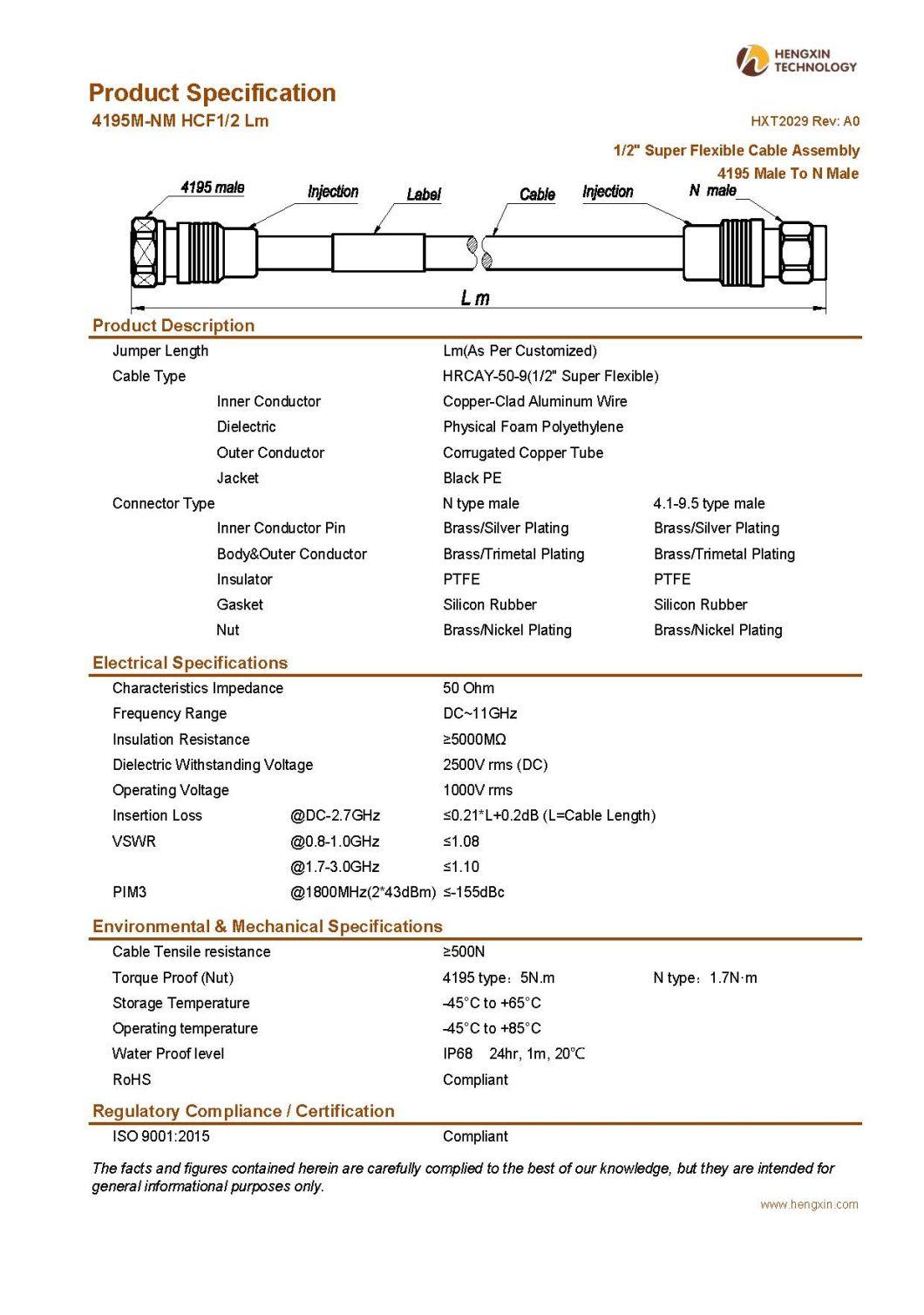RF Coaxial Jumper Cable Assembly with 1/2" Super Flexible RF Cable 4195 Male to N Male