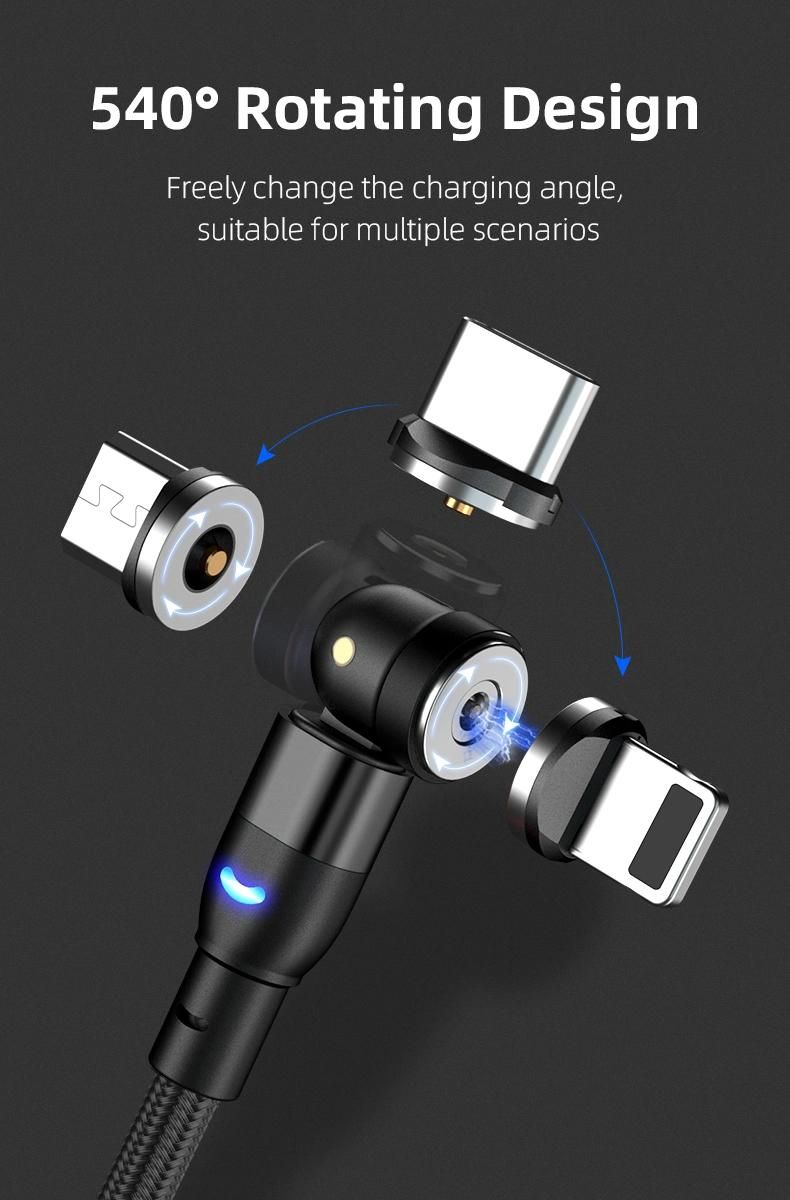 Factory Price OEM Custom Logo Mobile Phone 3 in 1 Type C Micro USB Lighting 540 Magnetic Cables Magnet Fast Charging Data Cable