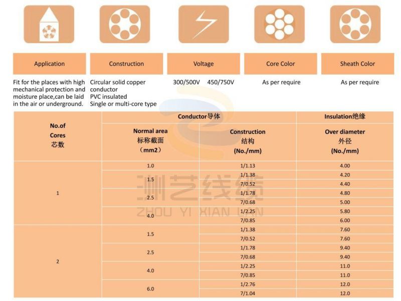 Copper Conductor Double PVC Insulated PVC Sheathed Electric Cable