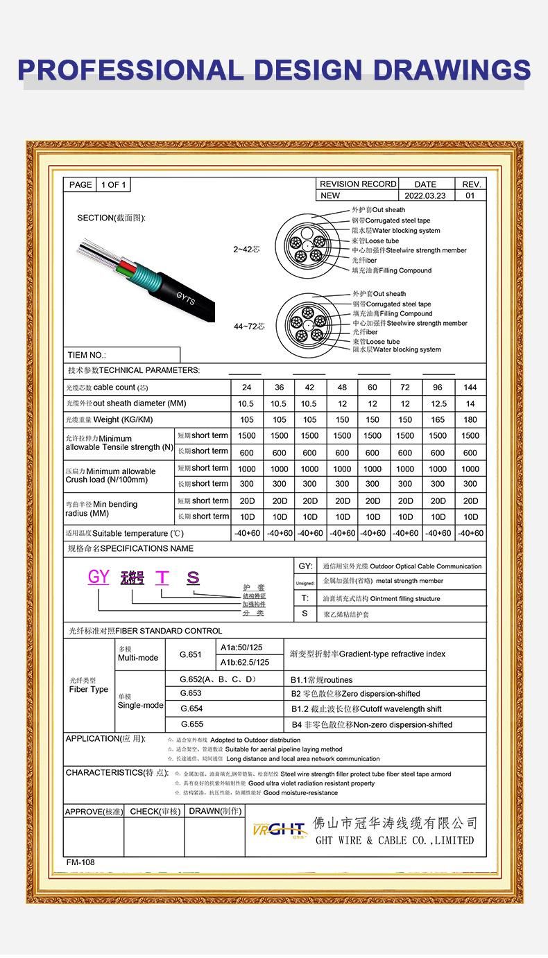 Factory Price 12/24/48/96 Core Armored Outdoor Fiber Optical Cable GYTA/GYXTW/GYTS/Gyfts Communication Cable Manufacturer