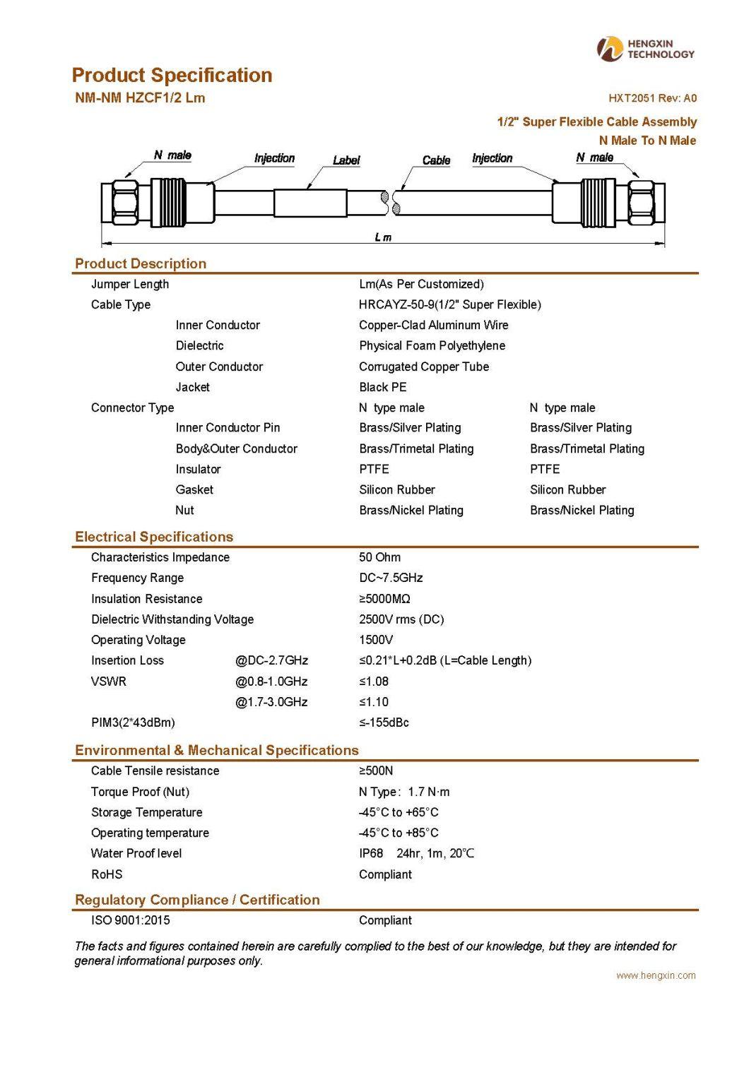 RF Coaxial Jumper Cable Assembly with 1/2" Super Flexible RF Cable N Male to N Male