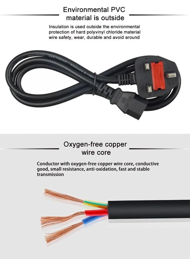 UK Bsi 3 Pin Power Cable UK Plug Power Cord IEC C13 British with Fused UK Bsi Standard 3pin AC Power Cord