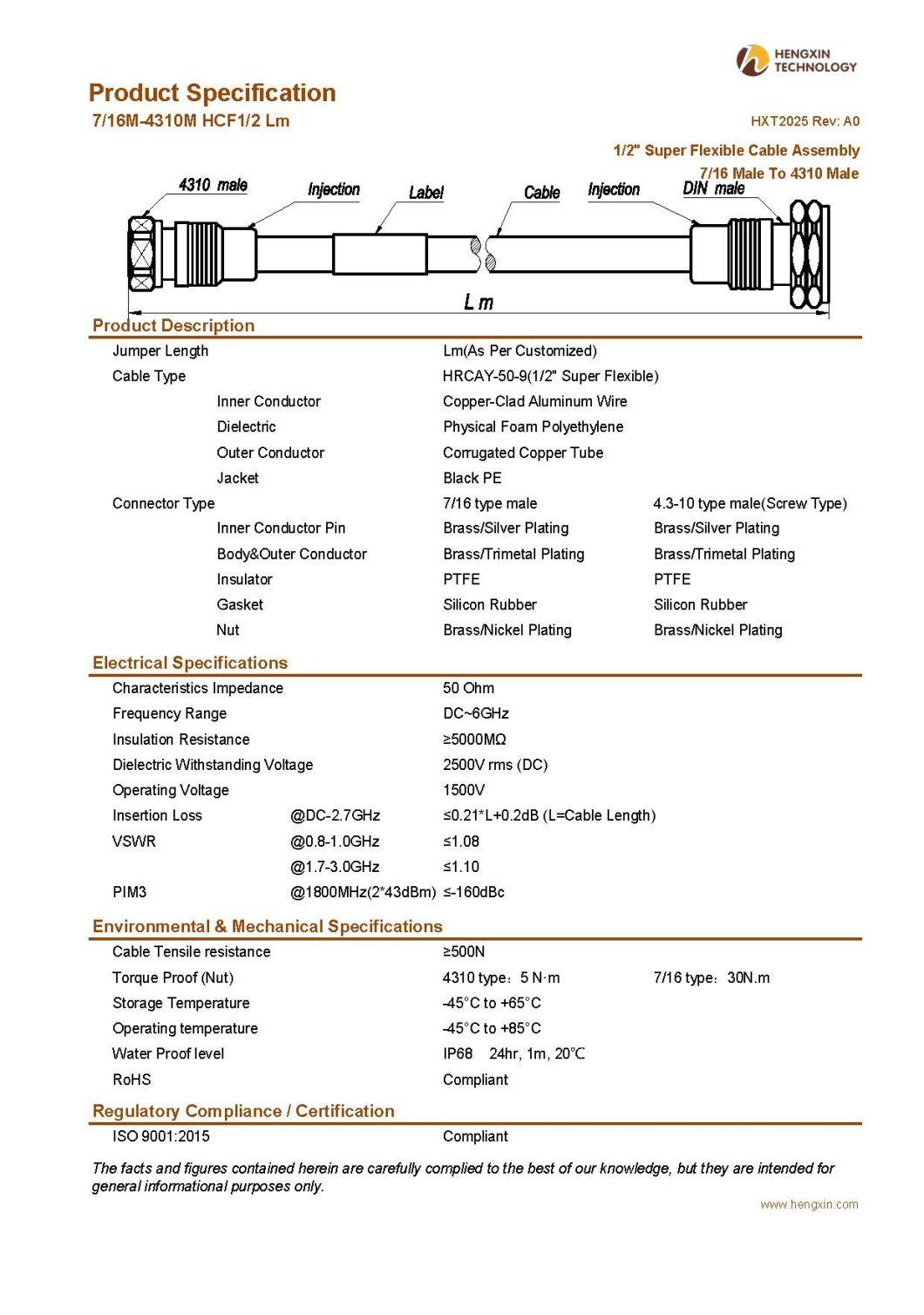 1/2" Super Flexible Cable Assembly 7/16 Male to 4310 Male