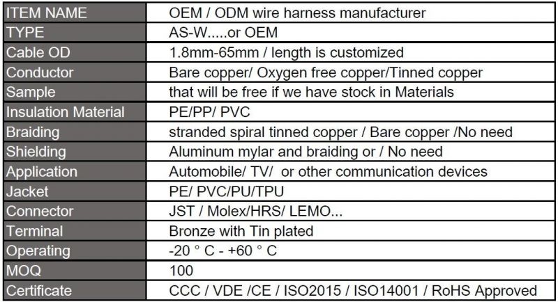 OEM / Manufacturer Custom Cable Assembly with Jst / Molex / Hrs Connector