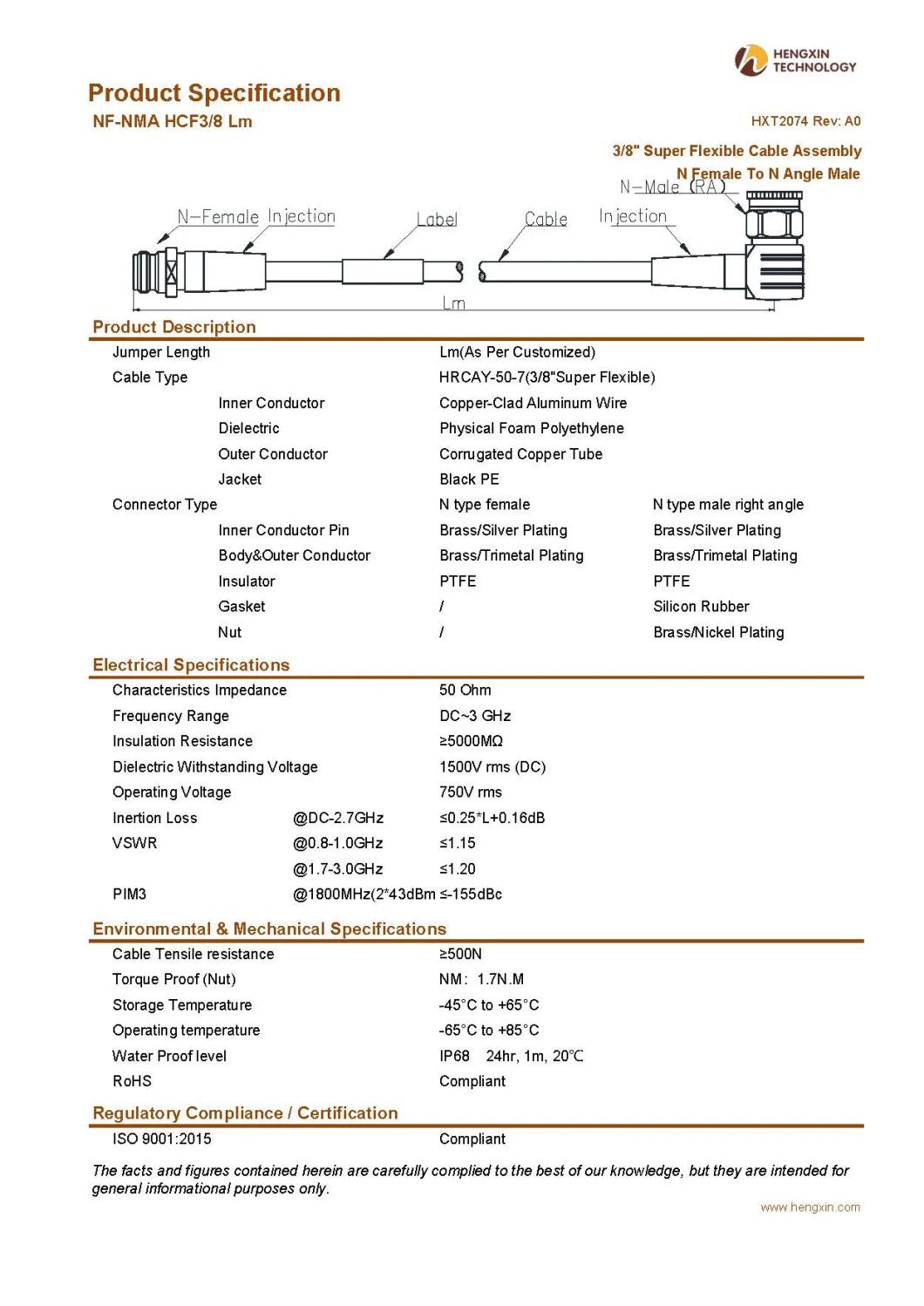 3/8" Super Flexible RF Coaxial Jumper Cable Assembly with N Female to N Male Right Angled Connectors