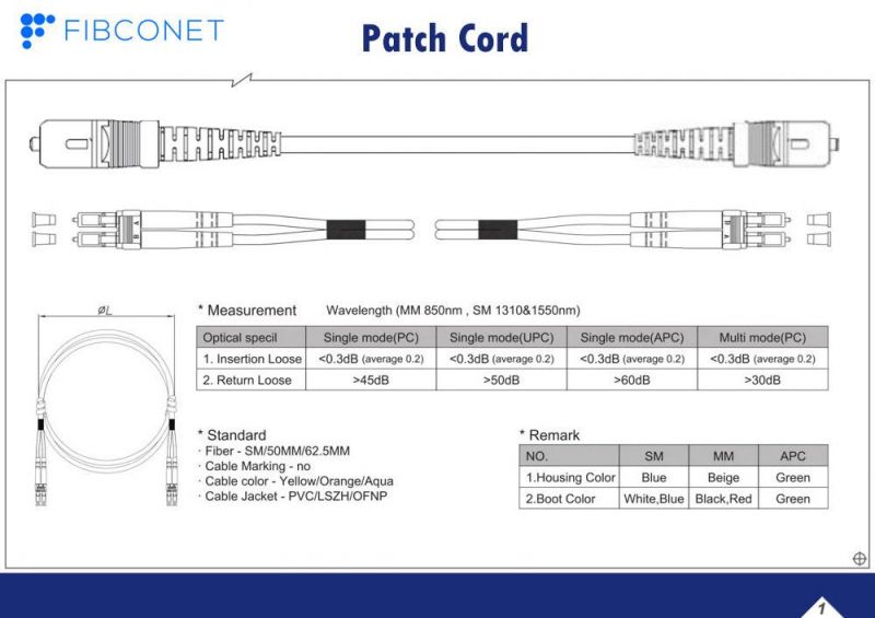 FTTH Single Mode 9/125 Simplex LC Upc - LC Upc PVC LSZH Fiber Optic Patch Cord Cable Cord with Connector