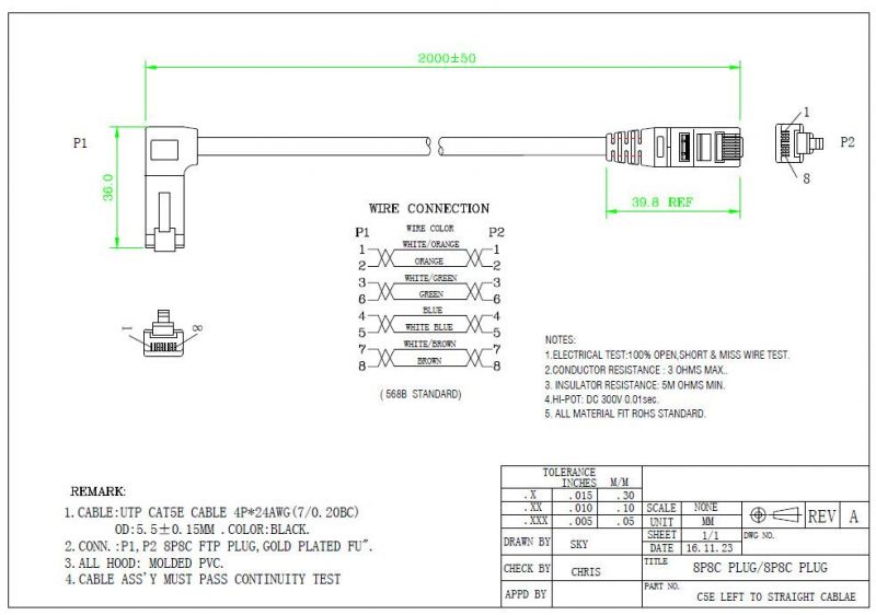 UTP Cat5e Left to Straight LAN Cablae RJ45 Cable 8p8c Plug