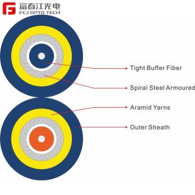 FTTH Indoor 2 Core G657A1 G657A2 Gjsfjbv Multi-Core Double Tube Spiral Armored Fiber Optic Cable