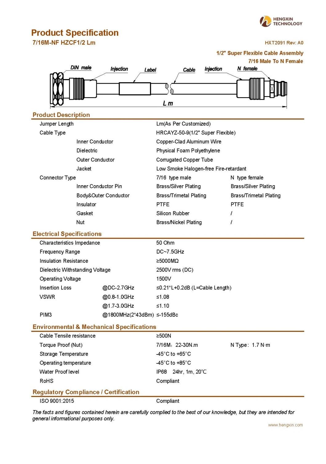 RF Coaxial Jumper Cable Assembly with 1/2" Super Flexible RF Cable 7/16 Male to N Angle Male