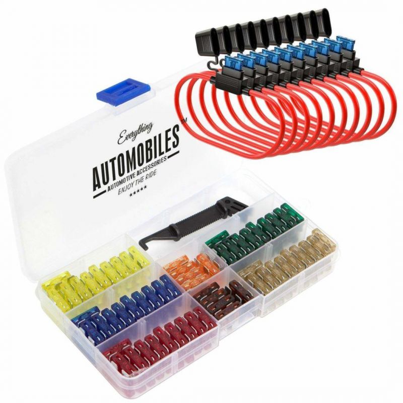 120 Assorted Fuses with 10 Inline Fuse Holders - Includes Fuse Puller Tool, Great for Use on Cars