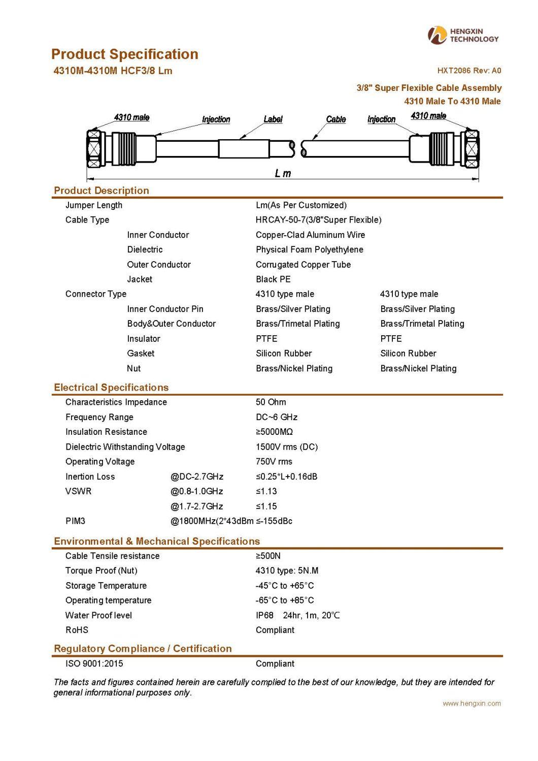 RF Coaxial Jumper Cable Assembly with 3/8" Super Flexible RF Cable 4310 Male to 4310 Male