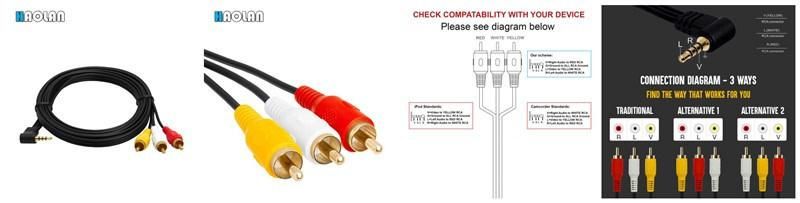 Right Angle Video and Audio Cable 3.5mm to RCA Male Cable, Balck 3FT