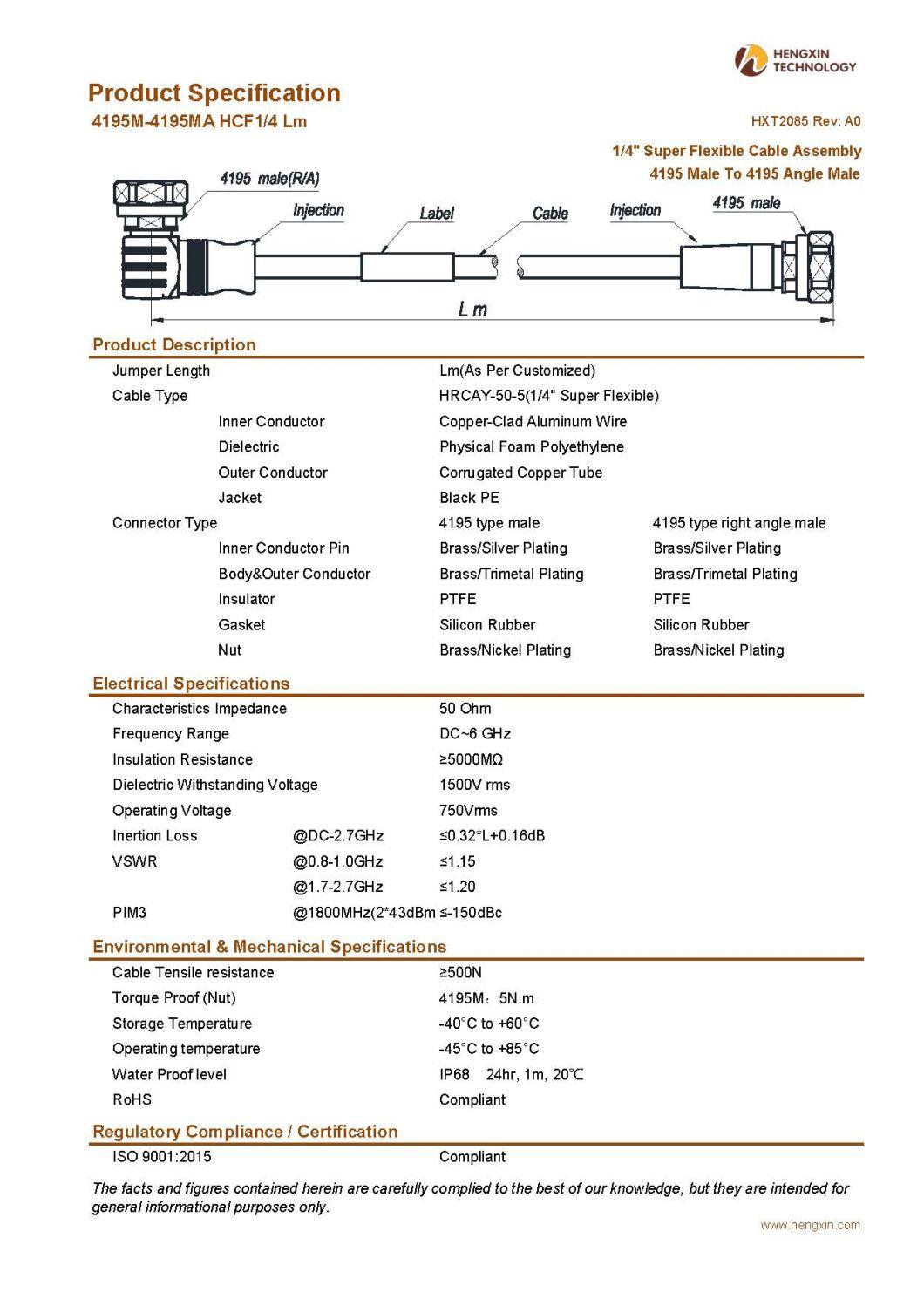 RF Coaxial Jumper Cable Assembly with 1/2" Super Flexible RF Cable 4195 Male to 4195 Angle Male