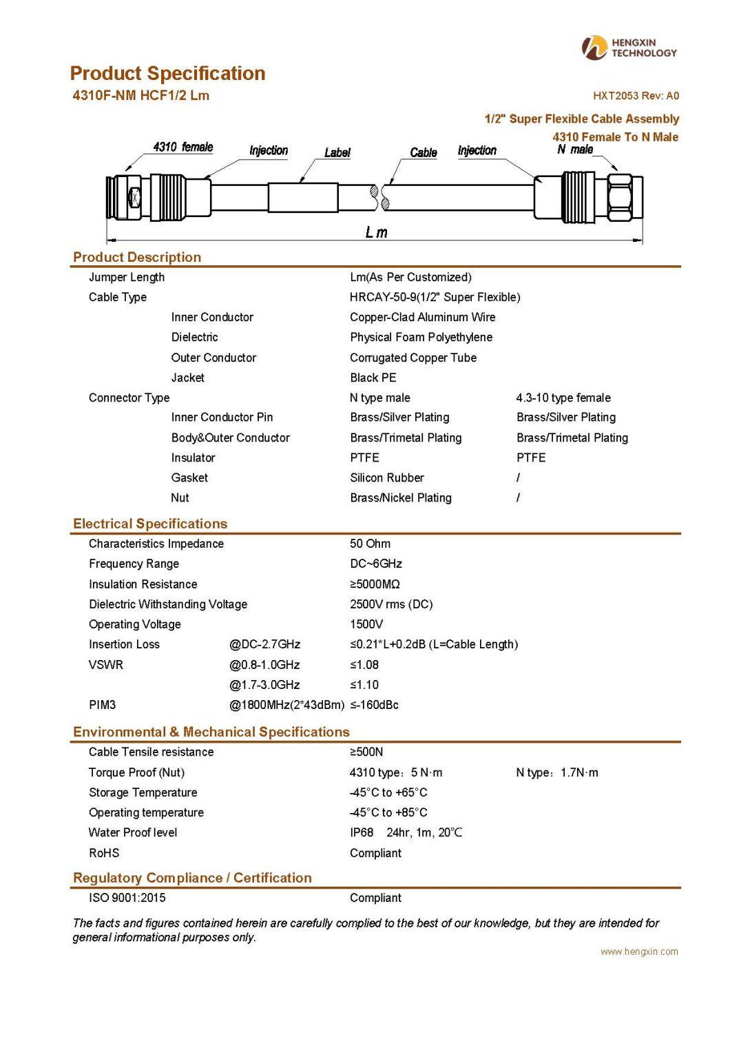 RF Coaxial Jumper Cable Assembly with 1/2" Super Flexible RF Cable 4310 Female to N Male