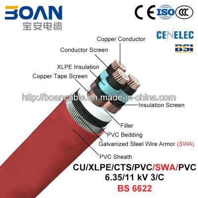 Cu/XLPE/Cts/PVC/Swa/PVC, Power Cable, 6.35/11 Kv, 3/C (BS 6622)